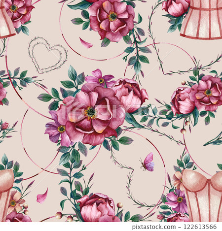 Beauty floral pattern with corset lingerie and heart. Watercolor illustration flowers with women's underwear and peonies isolated from the background. For packaging for lingerie stores or girls party 122613566