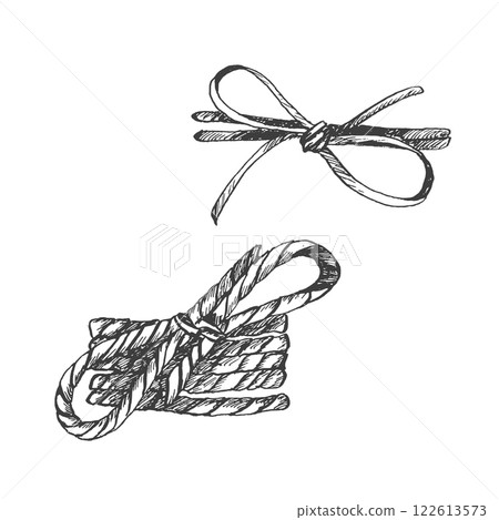 Rope tied in a bow. Graphic illustration. Vector set of two nodes. Hand drawn cordage, knot, cord. Used for composition with flowers, bunch of greenery, packaging product and gift Rope tied in a bow. Graphic illustration. Vector set of two nodes. Hand drawn cordage, knot, cord. Used for composition with flowers, bunch of greenery, packaging product and gift 122613573
