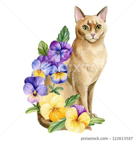Abyssinian cat with violet flowers watercolor feline illustration aesthetic pet portrait for greeting cards, home decor 122613587