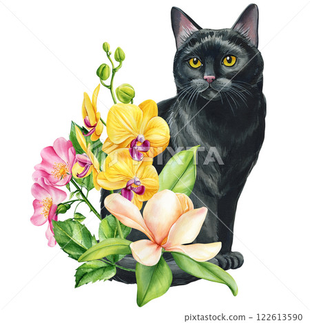 black cat with yellow orchids watercolor painting elegant floral pet portrait for home decor greeting cards and gifts black cat with yellow orchids watercolor painting elegant floral pet portrait for home decor greeting cards and gifts 122613590