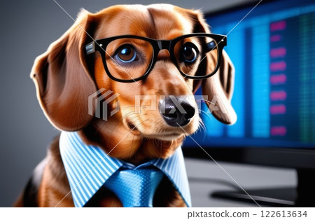 A dachshund in a tie and glasses sits in front of a computer screen A dachshund in a tie and glasses sits in front of a computer screen 122613634