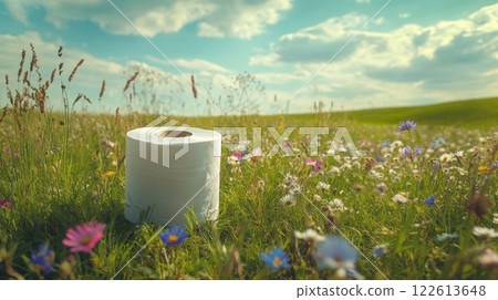 a roll of toilet paper placed in a picturesque meadow filled with wildflowers under a bright blue sky 122613648
