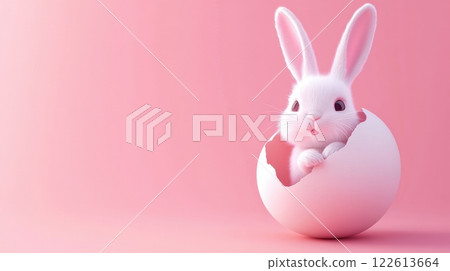 an adorable fluffy white bunny peeking out of a cracked eggshell against a soft pink background 122613664