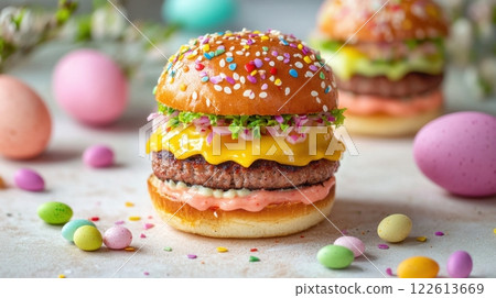a festive burger with a colorful sprinkle-covered bun, vibrant toppings, and by pastel-colored Easter eggs and candy a festive burger with a colorful sprinkle-covered bun, vibrant toppings, and by pastel-colored Easter eggs and candy 122613669