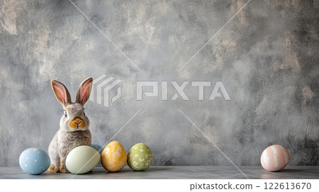 a cute rabbit sitting next to a row of pastel-colored Easter eggs, textured grey concrete background a cute rabbit sitting next to a row of pastel-colored Easter eggs, textured grey concrete background 122613670
