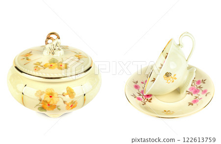 Vintage porcelain candy bowl ,cup and saucer isolated on white background. Collage. Free space for text. Vintage porcelain candy bowl ,cup and saucer isolated on white background. Collage. Free space for text. 122613759