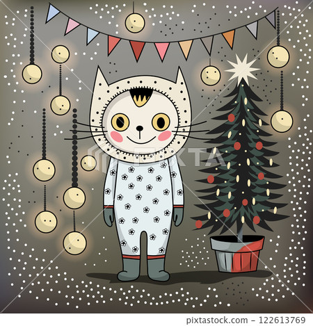 a cat in pajamas near a Christmas tree against a background of flags and lanterns. postcard vector illustration 122613769