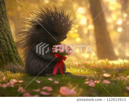 Charming Porcupine Holding Wildflower Bouquet in a Forest at Golden Hour with Soft Petals Charming Porcupine Holding Wildflower Bouquet in a Forest at Golden Hour with Soft Petals 122613913