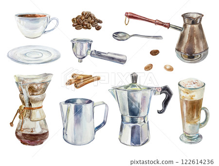 Coffee set. Coffee maker with paper filter, cup, saucer, Turk, beans, geyser coffee maker, milk jug, horn, milk, glass with latte, cinnamon sticks. Watercolor illustration. For labels, menus, banners. Coffee set. Coffee maker with paper filter, cup, saucer, Turk, beans, geyser coffee maker, milk jug, horn, milk, glass with latte, cinnamon sticks. Watercolor illustration. For labels, menus, banners. 122614236