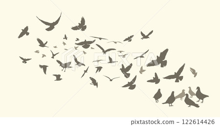 Flying birds silhouette flock. hand drawing. Not AI. Vector illustration Flying birds silhouette flock. hand drawing. Not AI. Vector illustration 122614426