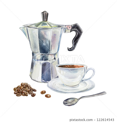 Cup of aromatic coffee, geyser coffee maker, beans, spoon. Hand drawn watercolor illustration isolated on white. For labels, menus, banners, postcards, posters. Cup of aromatic coffee, geyser coffee maker, beans, spoon. Hand drawn watercolor illustration isolated on white. For labels, menus, banners, postcards, posters. 122614543