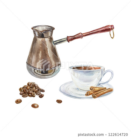 Cup of aromatic coffee, Turk, grains, cinnamon sticks. Hand drawn watercolor illustration isolated on white. For labels, menus, banners, postcards, posters. 122614720