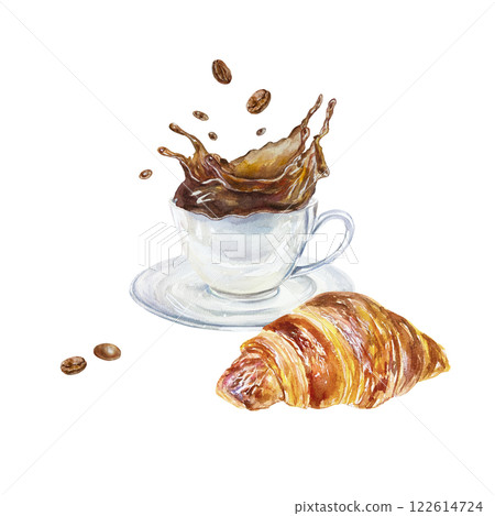 Cup with splashing coffee outside, roasted beans, fresh croissant. Hand drawn watercolor illustration isolated on white. For labels, menus, banners, postcards, cafe posters. Cup with splashing coffee outside, roasted beans, fresh croissant. Hand drawn watercolor illustration isolated on white. For labels, menus, banners, postcards, cafe posters. 122614724