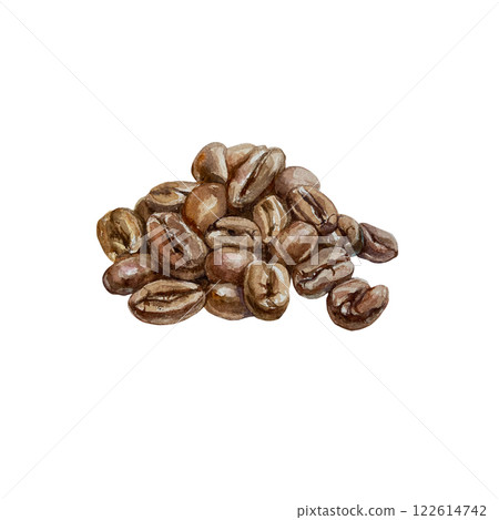 Coffee beans roasted and aromatic. Hand drawn watercolor illustration of brown Arabica isolated on white. For drink labels, packages, menus, covers, shop and cafe banners. 122614742