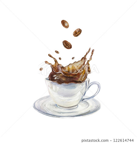 Cup with coffee spilling outside, roasted beans. Hand drawn watercolor illustration isolated on white. For labels, menu, banners, postcards, cafe posters. 122614744
