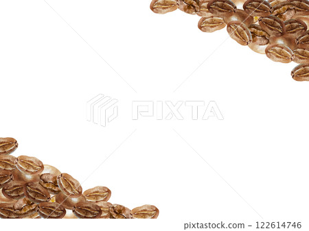 Coffee frame made of brown roasted beans, corner. Hand drawn watercolor illustration isolated on white. For labels, cards, invitations, packaging, banners, posters. 122614746