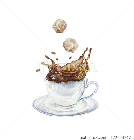 Cup with splashing coffee outside, saucer, cane sugar cubes. Brown flying liquid. Hand drawn watercolor illustration isolated on white. For labels, menus, banners, postcards, posters. Cup with splashing coffee outside, saucer, cane sugar cubes. Brown flying liquid. Hand drawn watercolor illustration isolated on white. For labels, menus, banners, postcards, posters. 122614747