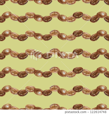 Coffee beans roasted seamless pattern. Hand drawn watercolor illustration on green background. Drink label, wrapping paper, textile, covers, wallpaper Coffee beans roasted seamless pattern. Hand drawn watercolor illustration on green background. Drink label, wrapping paper, textile, covers, wallpaper 122614748