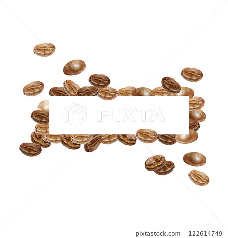 Horizontal frame of coffee beans, brown and roasted. Hand drawn watercolor illustration isolated on white. For labels, cards, invitations, packaging, banners, posters. Horizontal frame of coffee beans, brown and roasted. Hand drawn watercolor illustration isolated on white. For labels, cards, invitations, packaging, banners, posters. 122614749