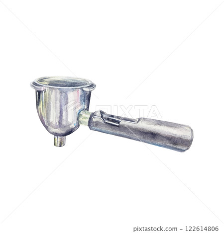 Coffee horn metal for coffee maker with handle, portafilter. Hand drawn watercolor illustration isolated on white. For labels, cards, invitations, packaging, banners, menu. Coffee horn metal for coffee maker with handle, portafilter. Hand drawn watercolor illustration isolated on white. For labels, cards, invitations, packaging, banners, menu. 122614806
