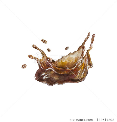 Coffee splash, brown flying drink, spill, splash, liquid, beverage, chocolate. Hand drawn watercolor illustration isolated on white. For labels, menu, banners, postcards. Coffee splash, brown flying drink, spill, splash, liquid, beverage, chocolate. Hand drawn watercolor illustration isolated on white. For labels, menu, banners, postcards. 122614808