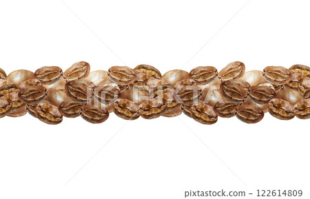 Coffee beans, brown and roasted. Seamless horizontal border. Hand drawn watercolor illustration isolated on white. For wrapping paper, wallpaper, cafe menu. 122614809