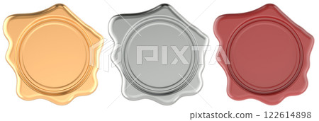 Stamp Wax Seals. Red, golden and silver color, front view. 3D rendering Stamp Wax Seals. Red, golden and silver color, front view. 3D rendering 122614898