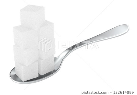 Sugar Addiction, concept. A spoon full of sugar cube. 3D rendering Sugar Addiction, concept. A spoon full of sugar cube. 3D rendering 122614899