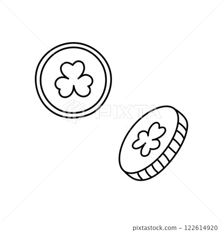 Lucky coins with shamrocks. Irish design elements. St Patricks Day symbol. Vector doodle illustration. Fortune coins isolated 122614920