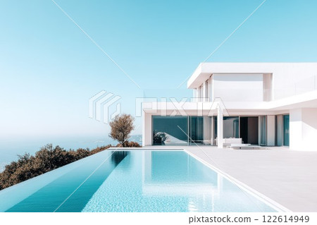 Modern luxury villa with infinity pool and panoramic ocean views under a clear sky 122614949