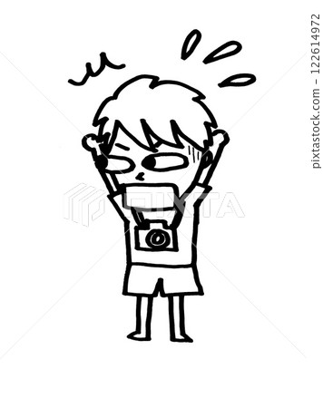 Camera boy raising his hands in surprise Camera boy raising his hands in surprise 122614972