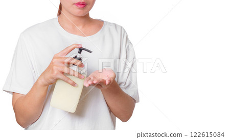 Woman in White Shirt Using Pump Bottle to Dispense Cream on Palm for Skincare Routine 122615084