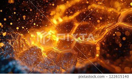 Intricate patterns of glowing orange and gold textures resembling molten lava and honeycomb structures in a dark environment 122615140