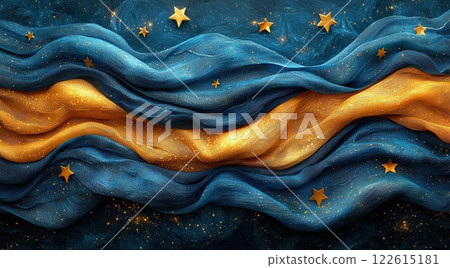Flowing fabric with golden and blue hues adorned with stars creates an ethereal atmosphere at nighttime 122615181