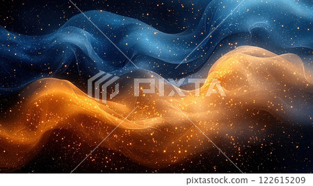 Captivating waves of orange and blue swirl through a dark cosmic backdrop filled with sparkling stars and ethereal textures Captivating waves of orange and blue swirl through a dark cosmic backdrop filled with sparkling stars and ethereal textures 122615209