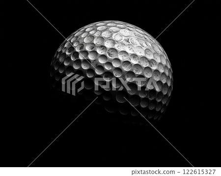 Grayscale vintage graphic of a golf ball against a black background in retro style 122615327