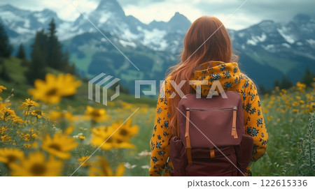 Girl with burgundy hair hikes through mountains in floral hoodie 122615336