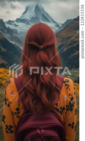 Exploring the mountains with vibrant scenery and a striking outfit 122615338