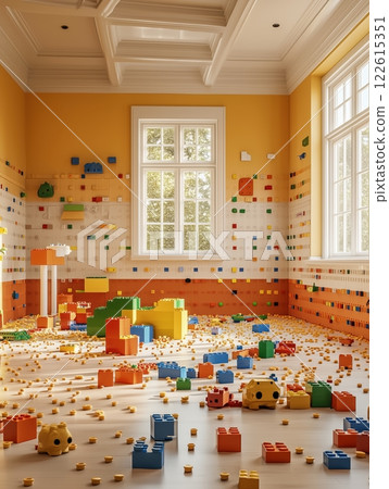 Kids room filled with colorful scattered lego blocks creating a playful and creative atmosphere 122615351