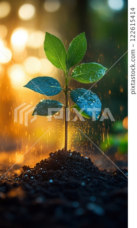 Vibrant plant sprout thrives under contrasting weather conditions 122615414