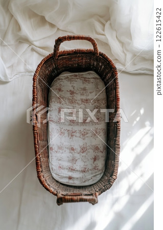 Bassinette viewed from above showing intricate details and soft padding 122615422