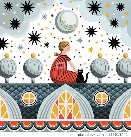 a girl with a cat sits on the roof and looks at the stars. postcard. vector illustration 122615441