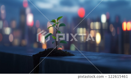 Plant defies urban landscape by growing through crack in concrete at twilight 122615461