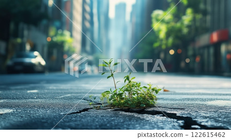 Inspiration from nature emerges as a plant grows through concrete in a bustling cityscape 122615462