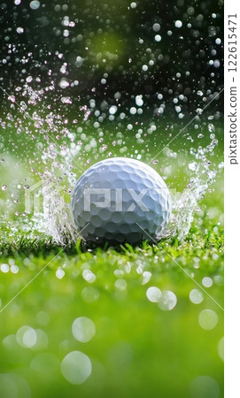 Golf ball splashes through water during tournament play on a sunny day Golf ball splashes through water during tournament play on a sunny day 122615471