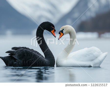 Heart-shaped bond of black and white swans in serene blue water by majestic mountains 122615517