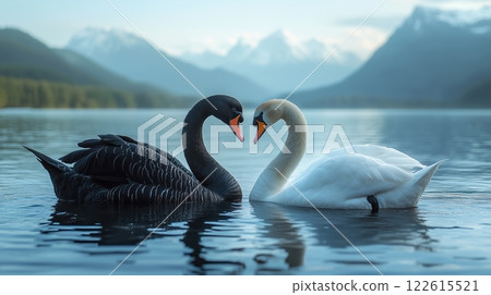 Black swan and white bird create heart shape while swimming in tranquil blue waters 122615521