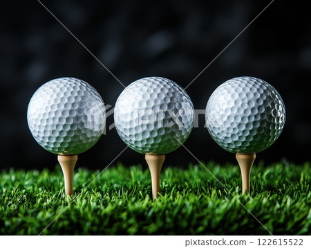 Three white golf balls perched on tees resting in lush green grass against a dark backdrop 122615522