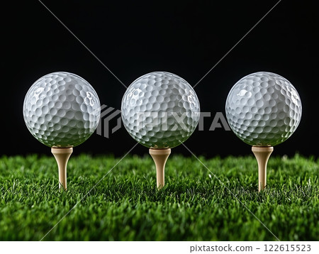 Three golf balls on tees set in green grass against a contrasting black background 122615523