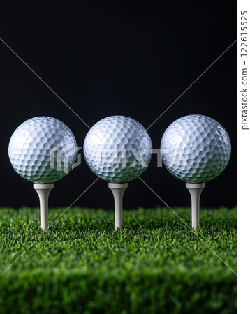 Three white golf balls on tees resting in lush green grass against a black background Three white golf balls on tees resting in lush green grass against a black background 122615525